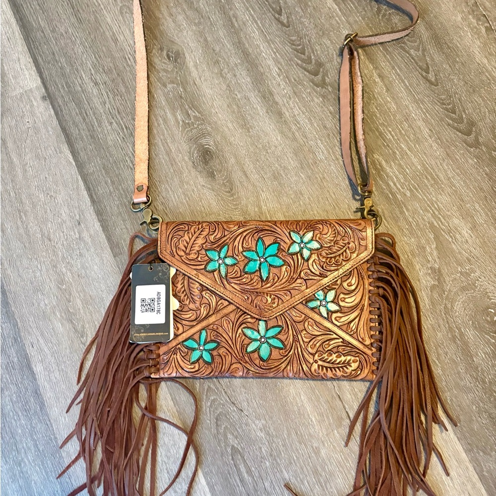 Turquoise Floral Tooled Brown Leather Fringe Crossbody Bag